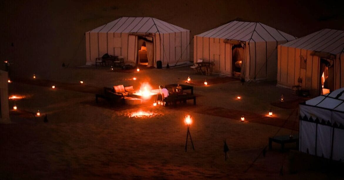 Camping Sahara desert at Night in Morocco